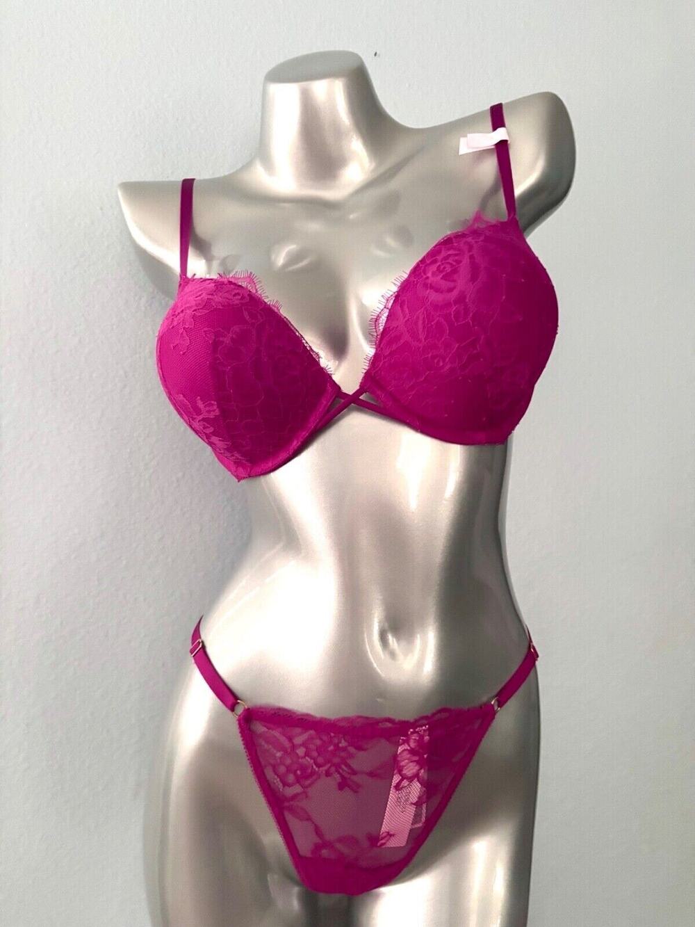 Victoria's Secret Fuchsia Very Sexy Bombshell +2 Cups Bra V String Set 38D / XL
